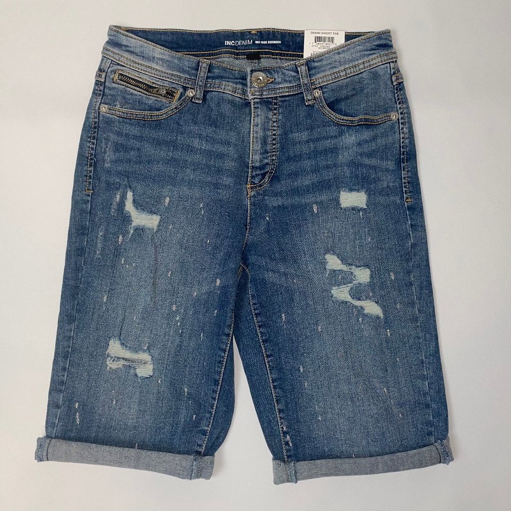 INC Ripped Bermuda Mid Rise Shorts - Medium Wash